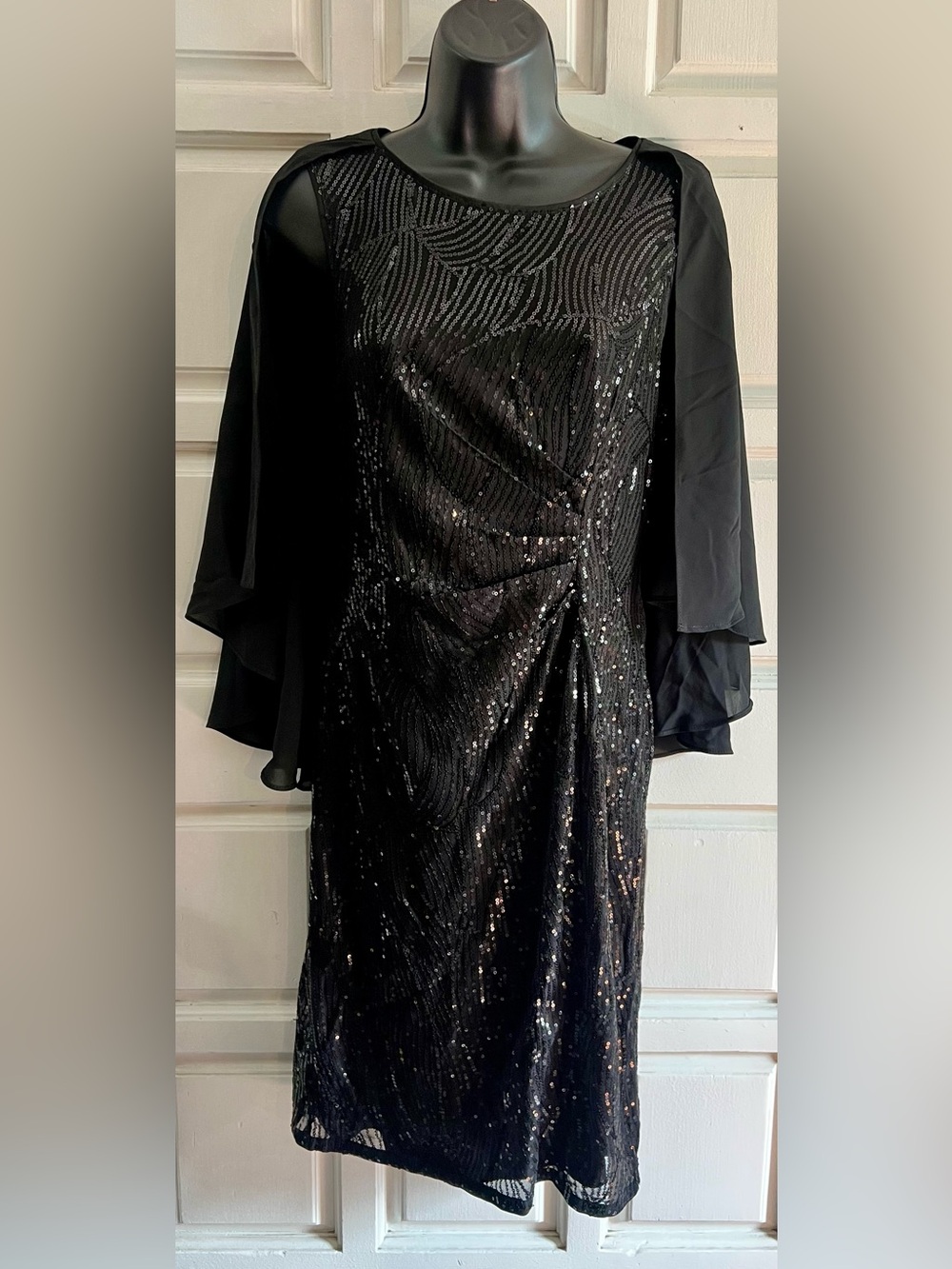 Black Sequin Evening Dress with Chiffon Sleeves Small